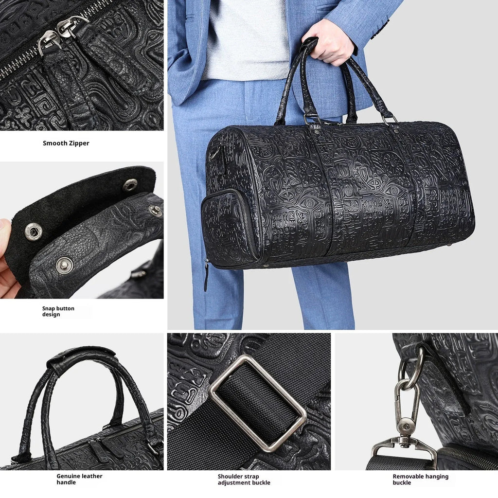Genuine leather retro embossing handbag for men black 50x25x25.5cm first layer cowhide