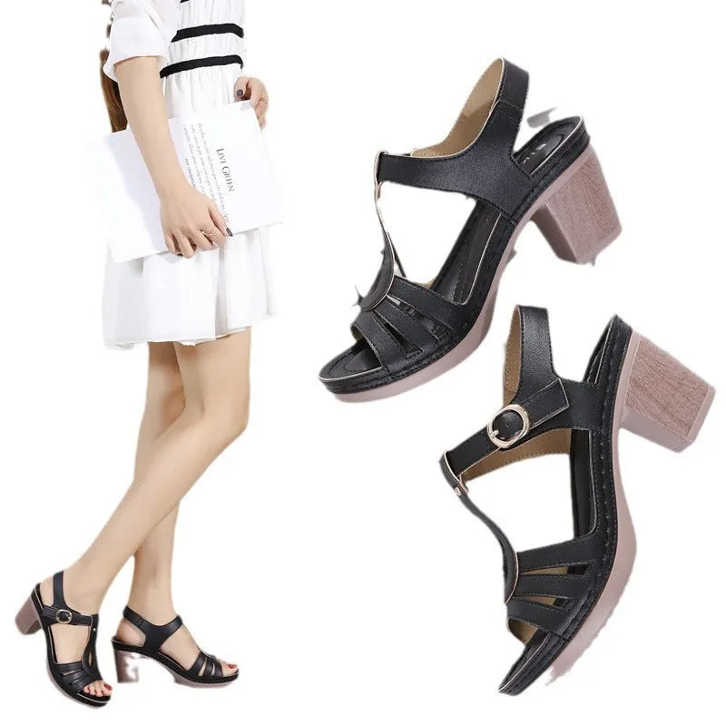 Women's patent leather thick high heel sandals with metal buckle stitching