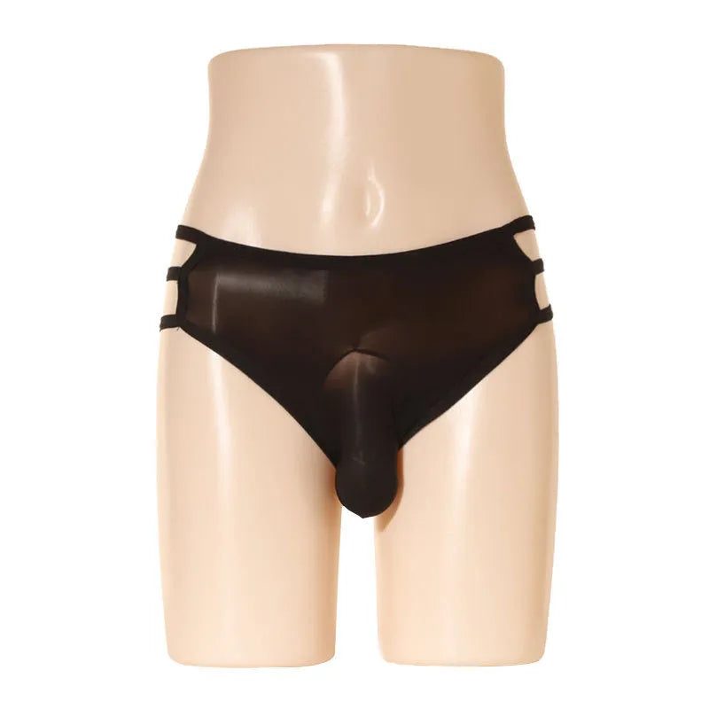 Men's transparent elephant nose shorts in nylon, showing solid colour and mid waist design.
