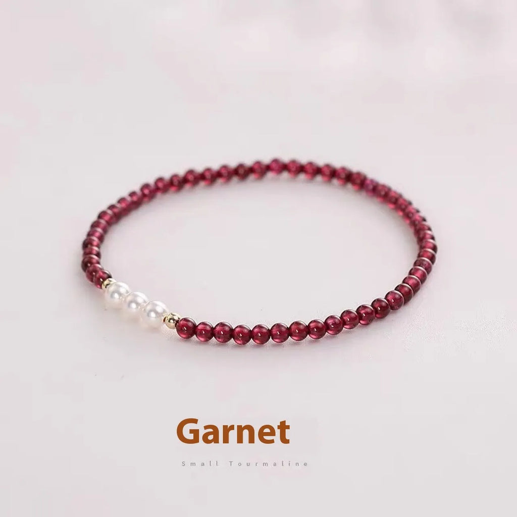 Women's crystal garnet bracelet with artificial pearl beads in 3mm or 4mm sizing options