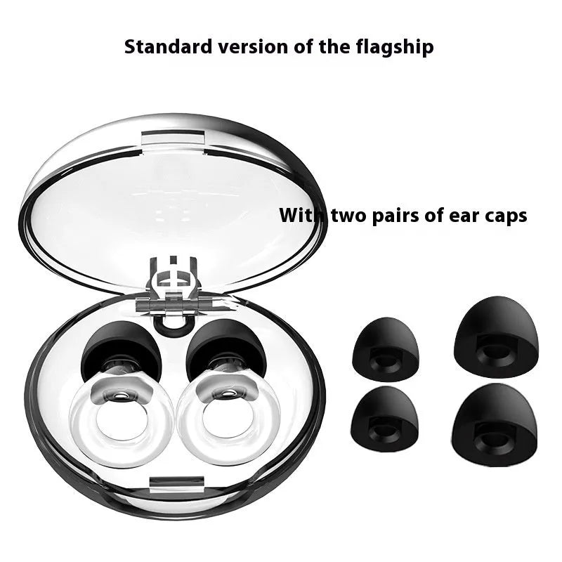 Set of reusable noise reduction sleep earpluds in various colours with a storage box and spare ear caps.