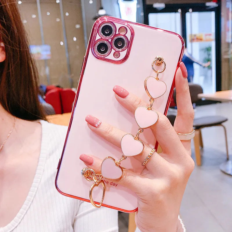 Solid colour silicone Samsung phone case with built-in glass screen protector and wrist strap.