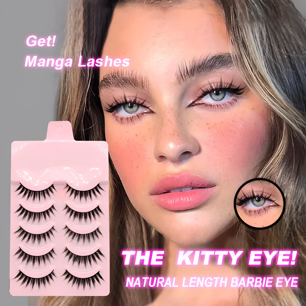 Five pairs of natural wispy manga false eyelashes in a tray, anime cosplay makeup style