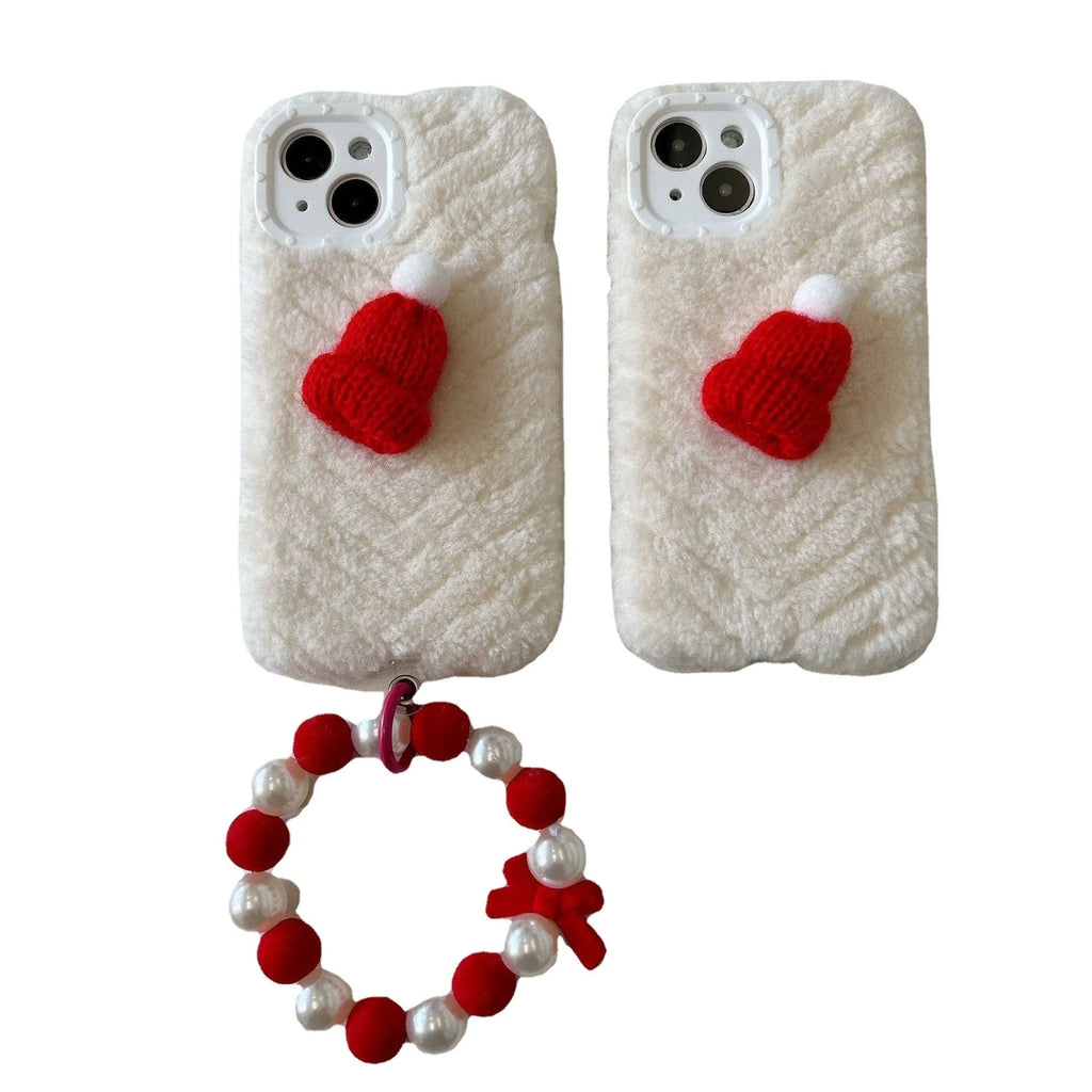 Red silicone phone case with plush Christmas hat bracelet for iPhone 14 Pro Max, back view
