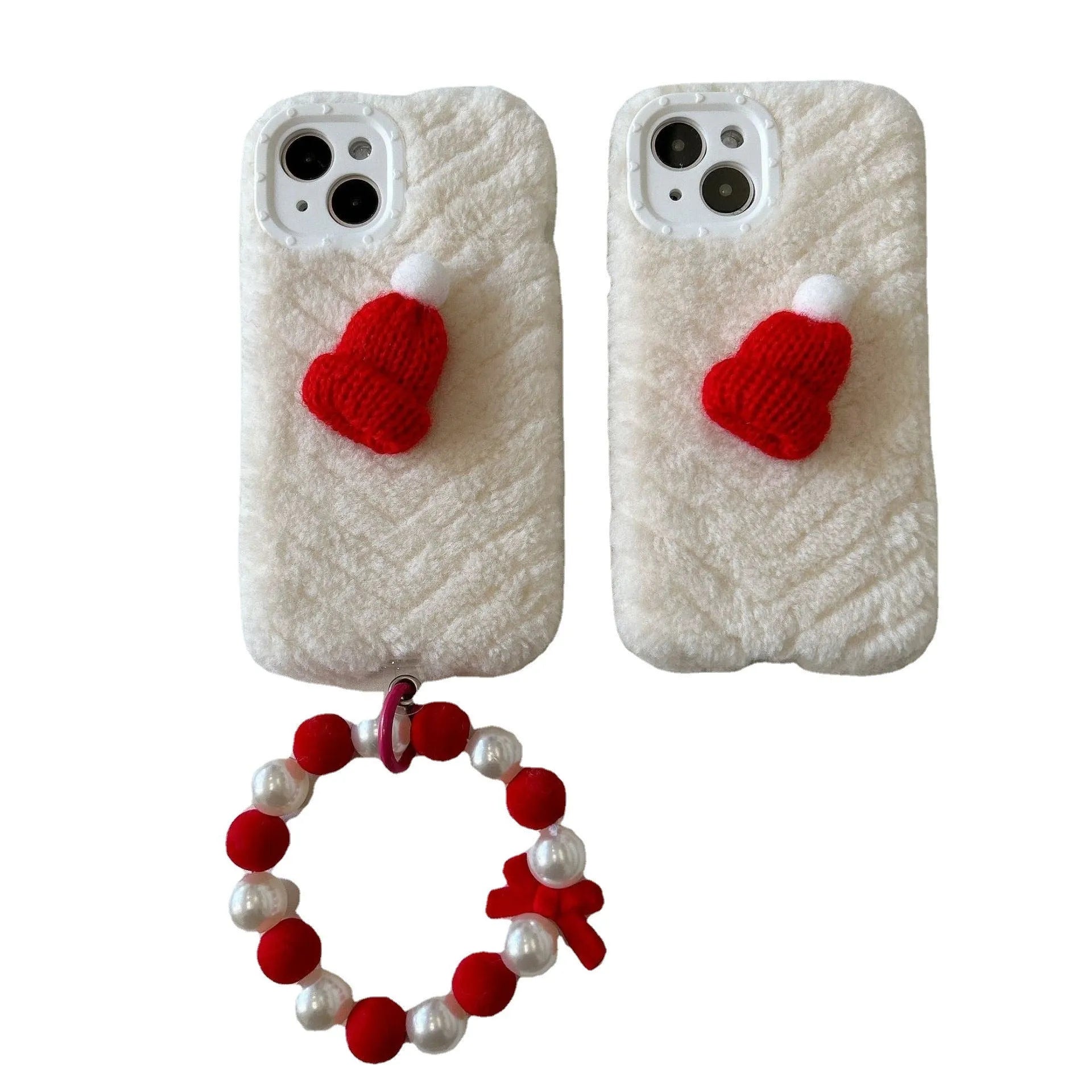 Red silicone phone case with plush Christmas hat bracelet for iPhone 14 Pro Max, back view