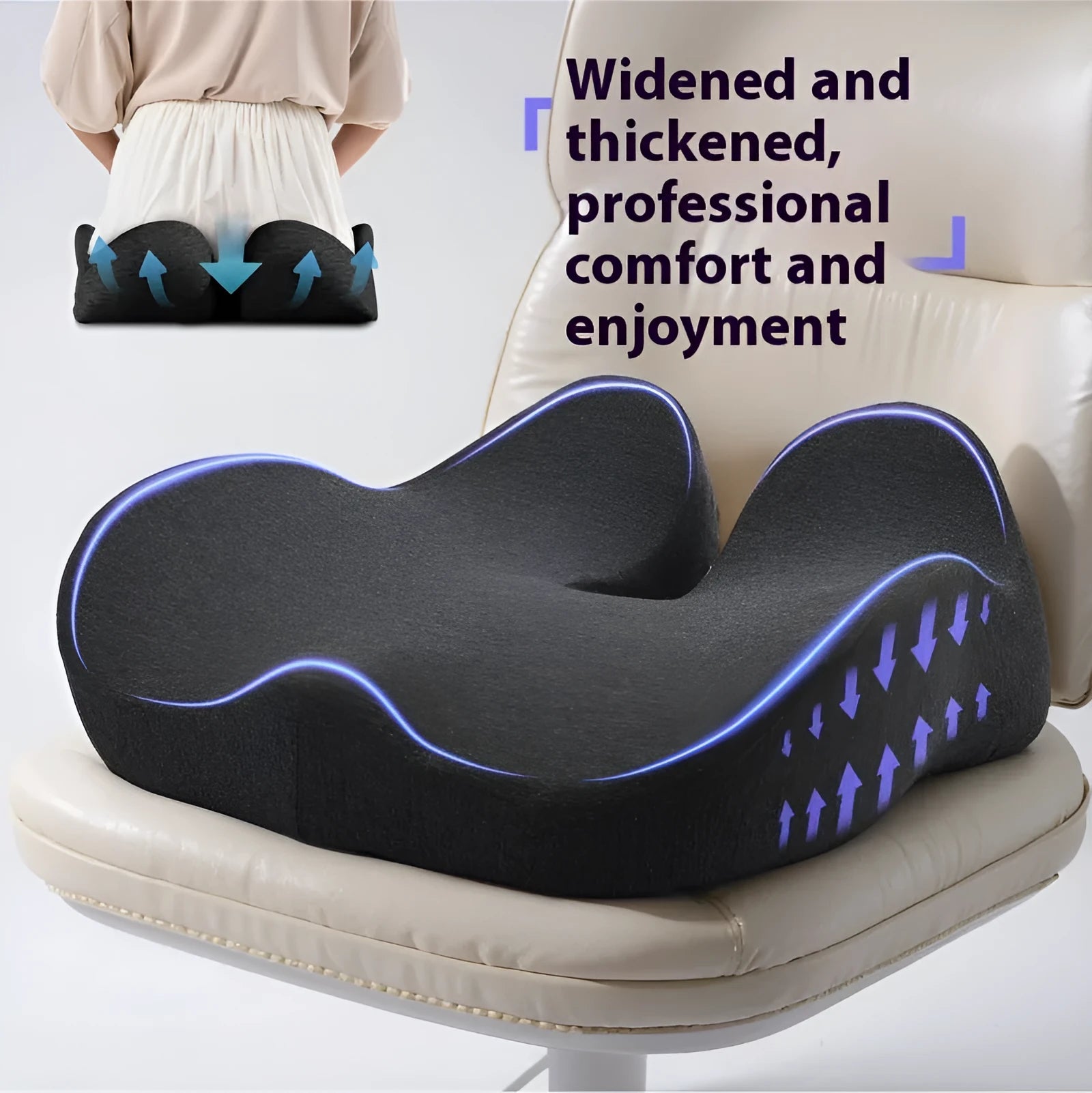 Light grey memory foam office chair cushion on a desk chair.