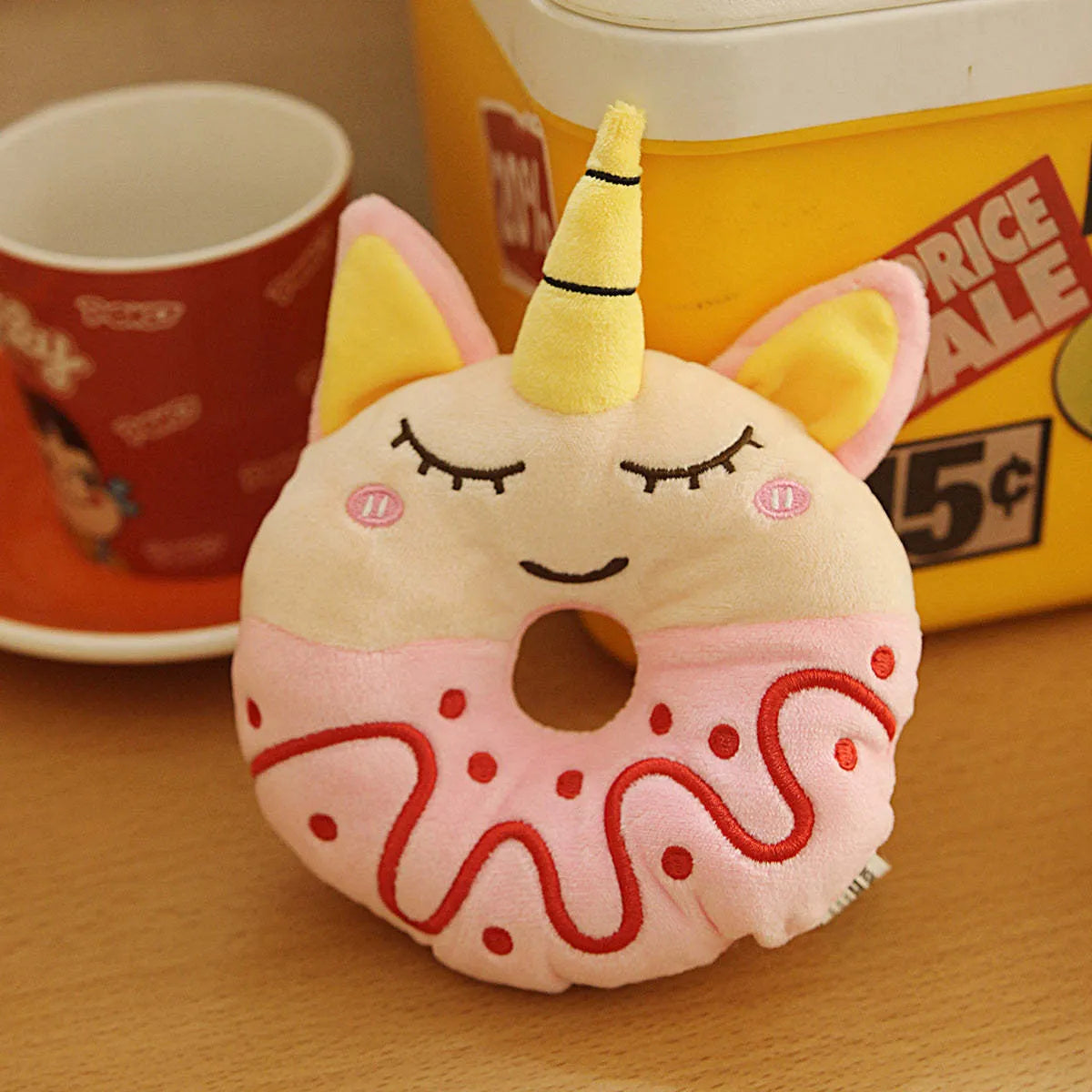 Plush donut sound toy for small and medium pets in bear, frog and unicorn colours with PE bag