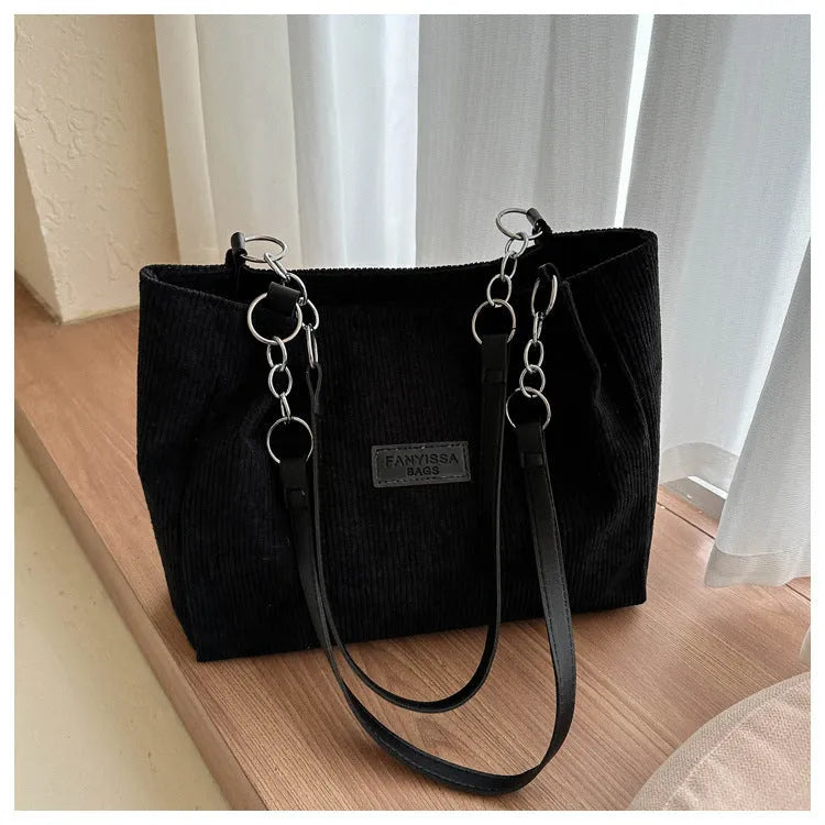 Corduroy one-shoulder tote handbag in black, white or brown with three-dimensional pocket