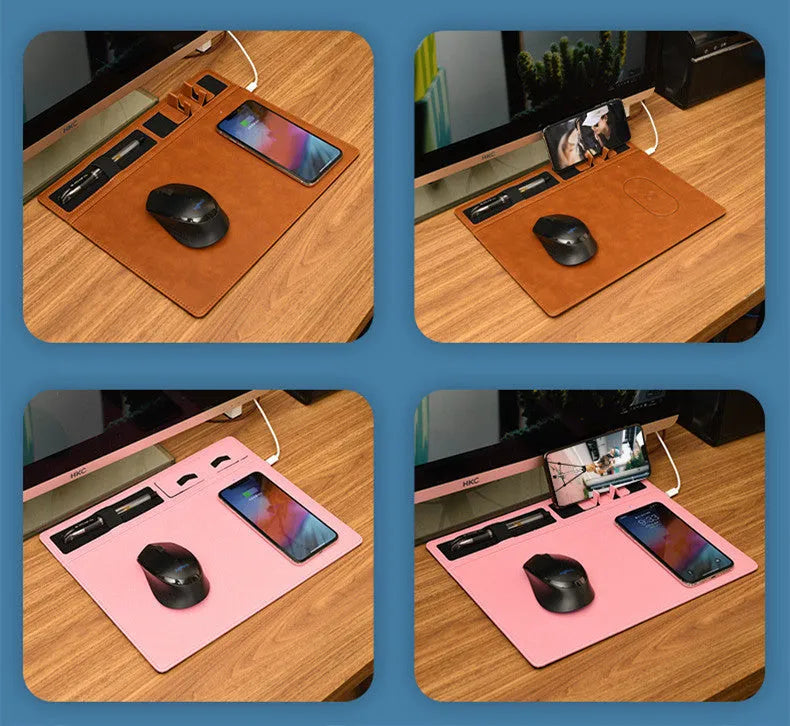 Wireless charging mouse pad with phone holder in black, brown, grey, or pink colours