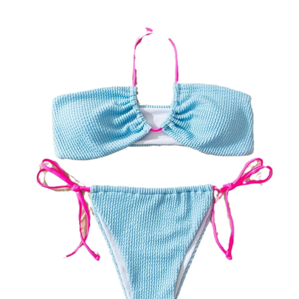 Women's solid colour halter lace-up swimsuit with brief bikini bottoms