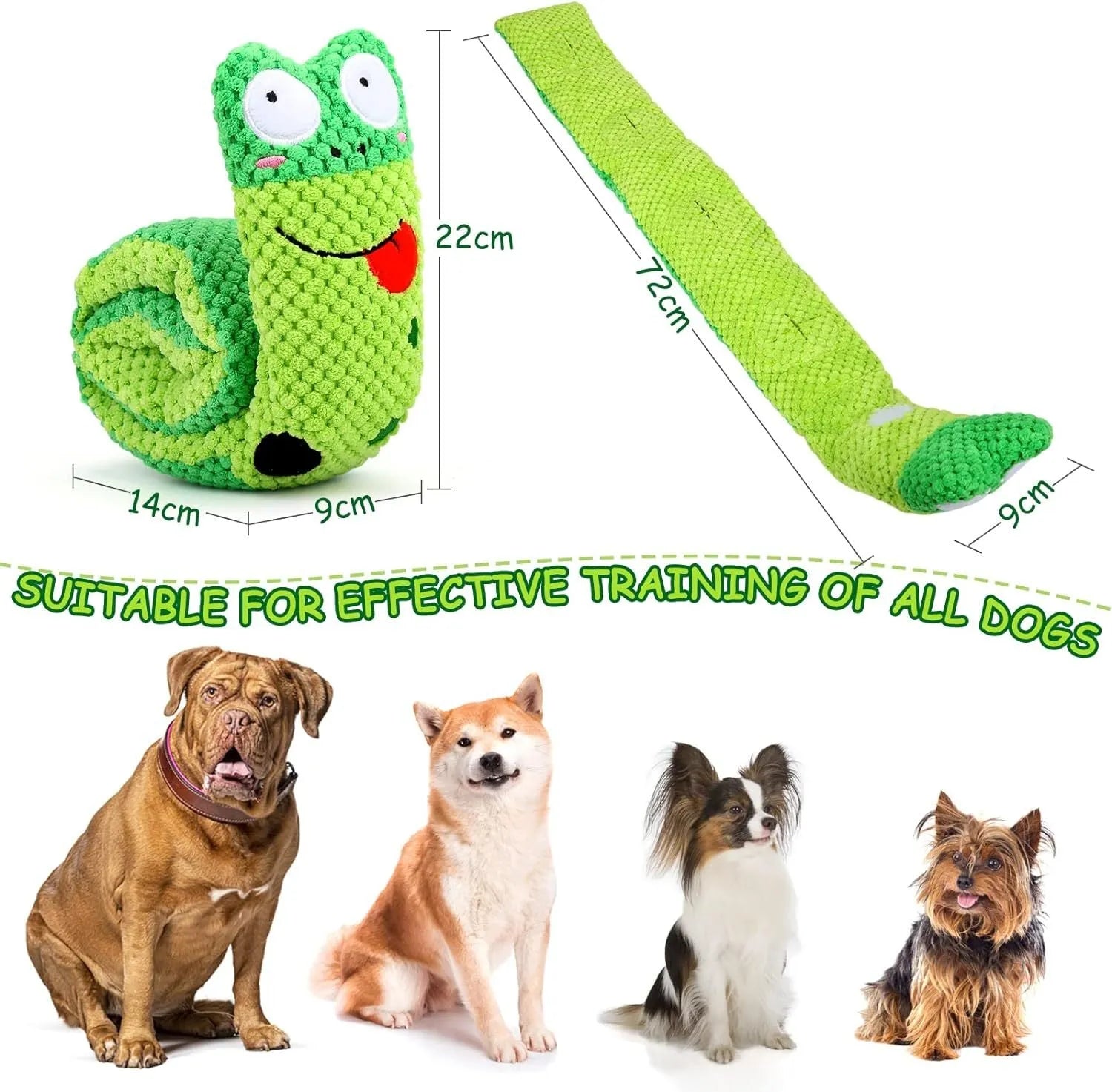 Green frog-shaped velvet dog squeak toy with hidden food holes for foraging puzzles.