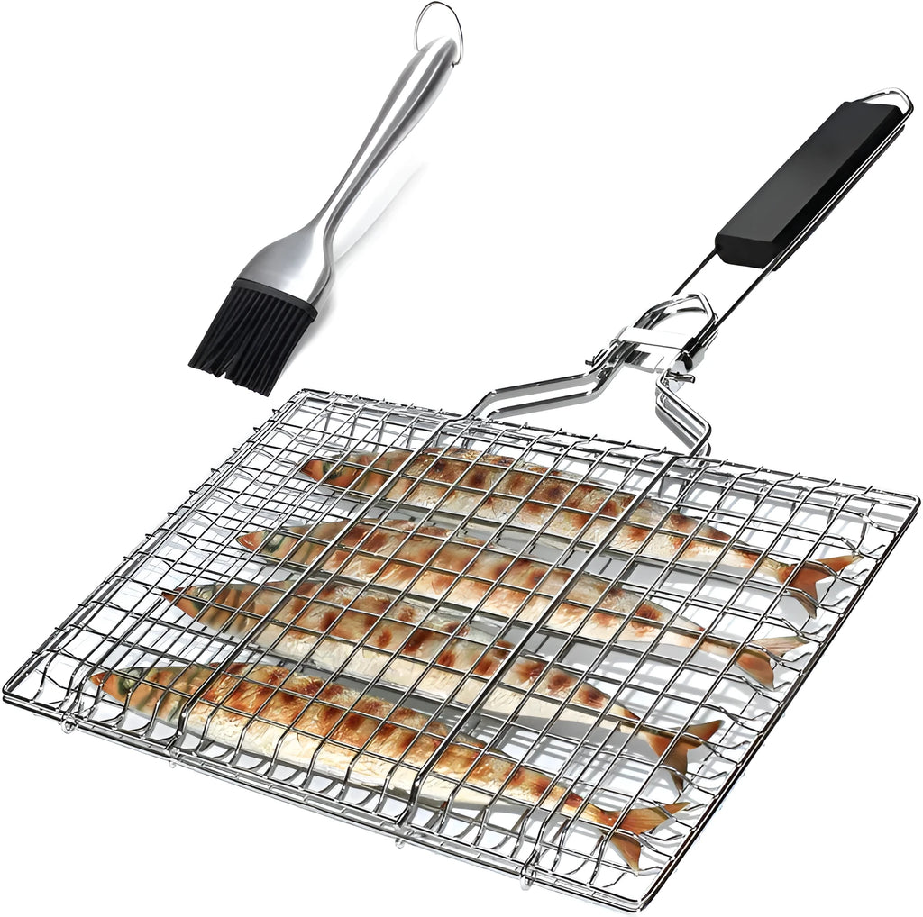 Square stainless steel wire barbecue mesh basket in a folded position with a cleaning brush.