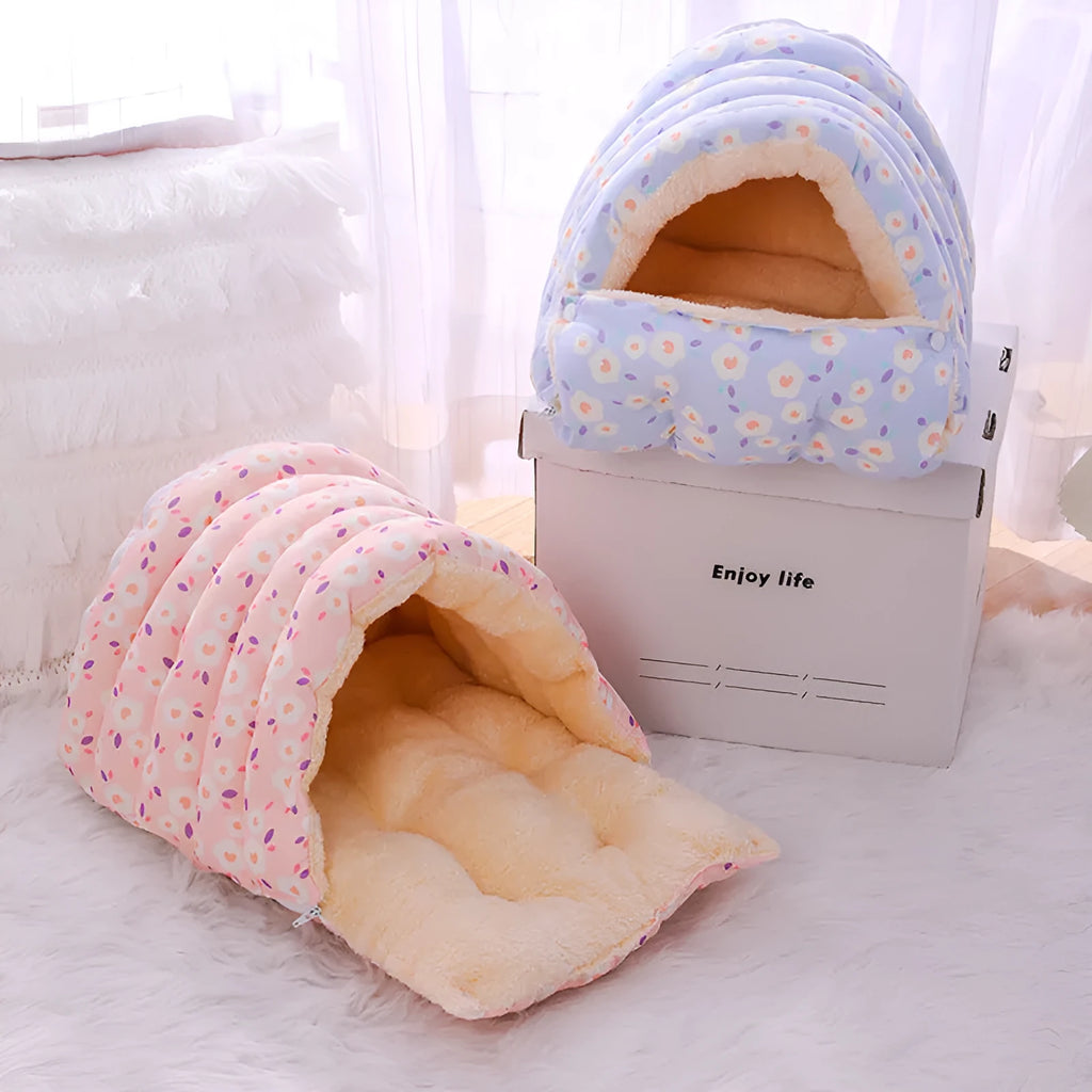 Enclosed winter cat bed with a removable cover shown in a floral pattern, suitable for cage or home use.