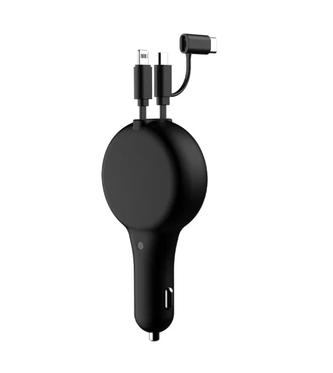 Black retractable car charger with two extended cables showing USB and Lightning connectors next to a car dashboard.