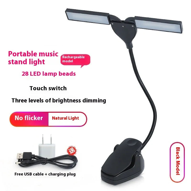 Black USB rechargeable music stand lamp with 28 LEDs clipped to a metal stand.