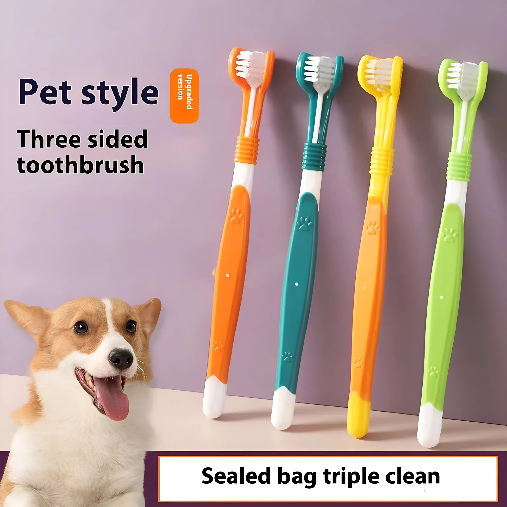 Pet toothbrush with soft nylon bristles on a plastic handle in various colour options for dogs and cats