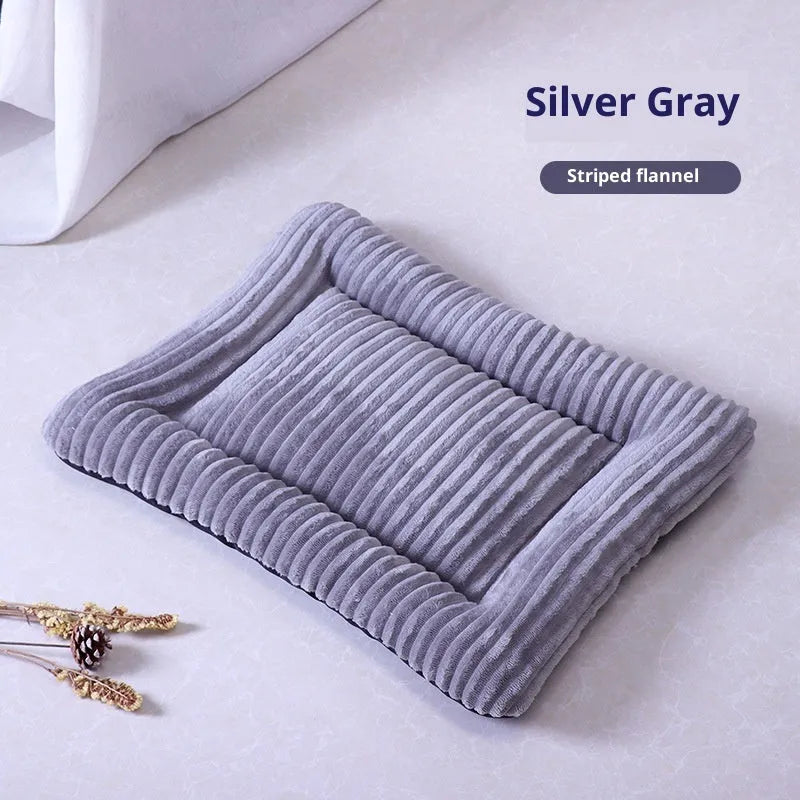 Silver gray cotton pet bed with removable washable cover on floor