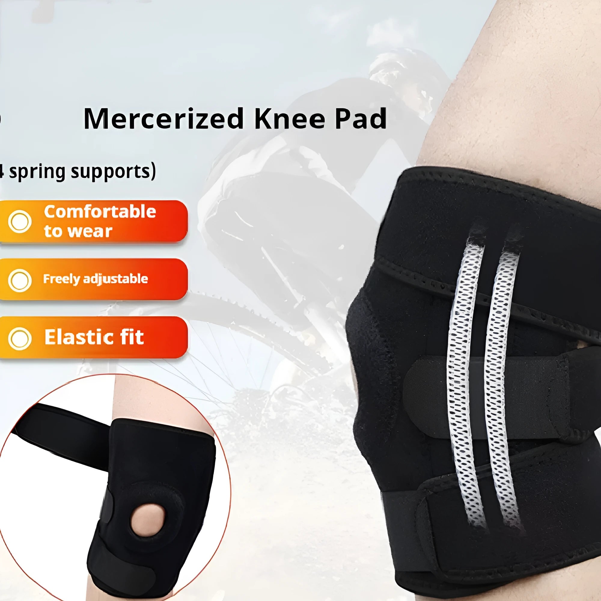 Spring support knee pad for sports with adjustable spring options and nylon mercerised cloth construction