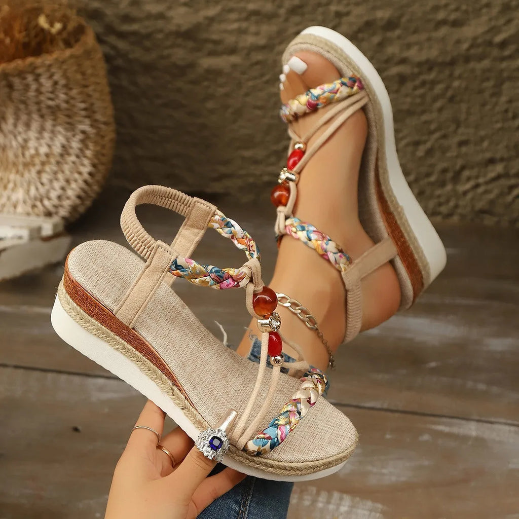 Women's rhinestone beaded wedge platform heels in apricot with fish mouth toe and elastic band
