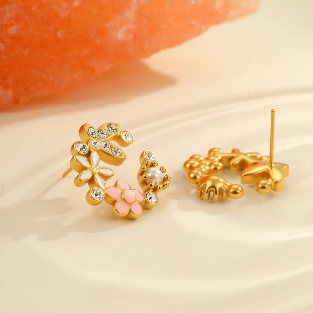 Flower stud earrings with petal design and colourful electroplating on stainless steel with 18K gold plating