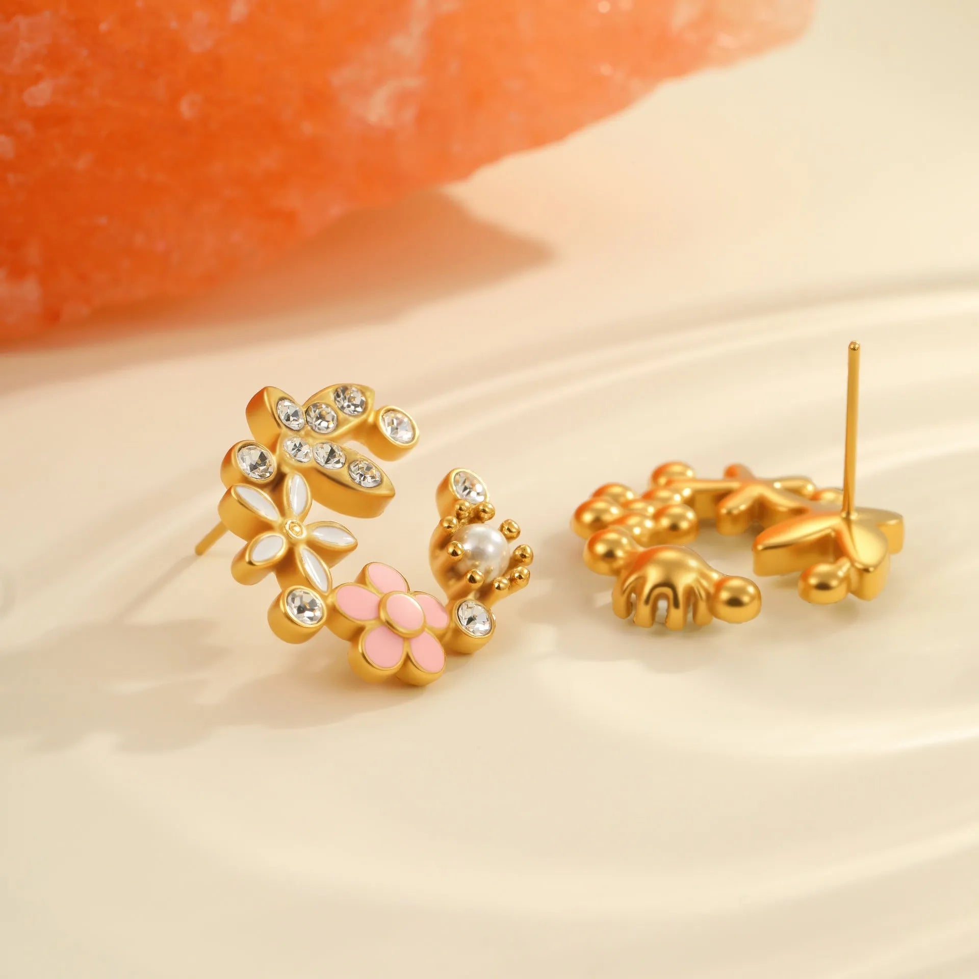 Flower stud earrings with petal design and colourful electroplating on stainless steel with 18K gold plating