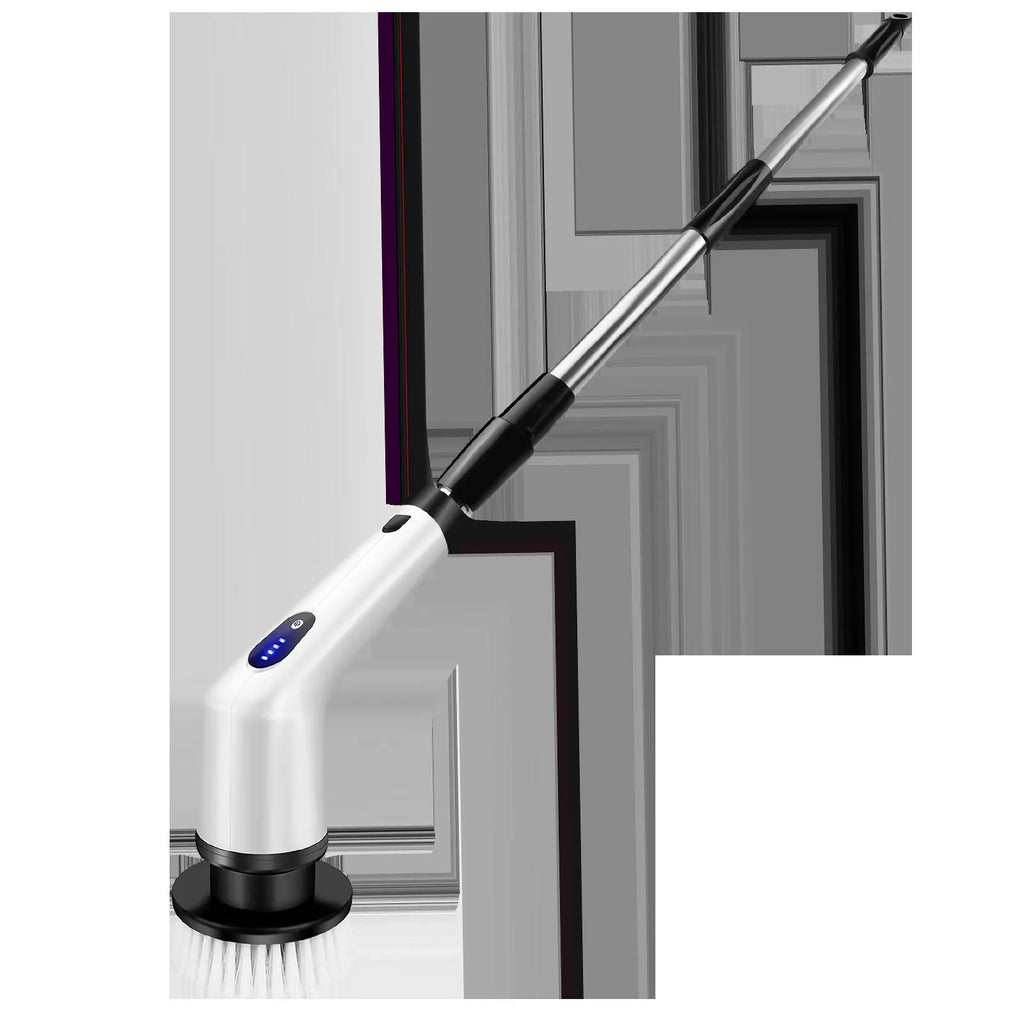 White rechargeable handheld cleaning brush with multiple power adapters for household use