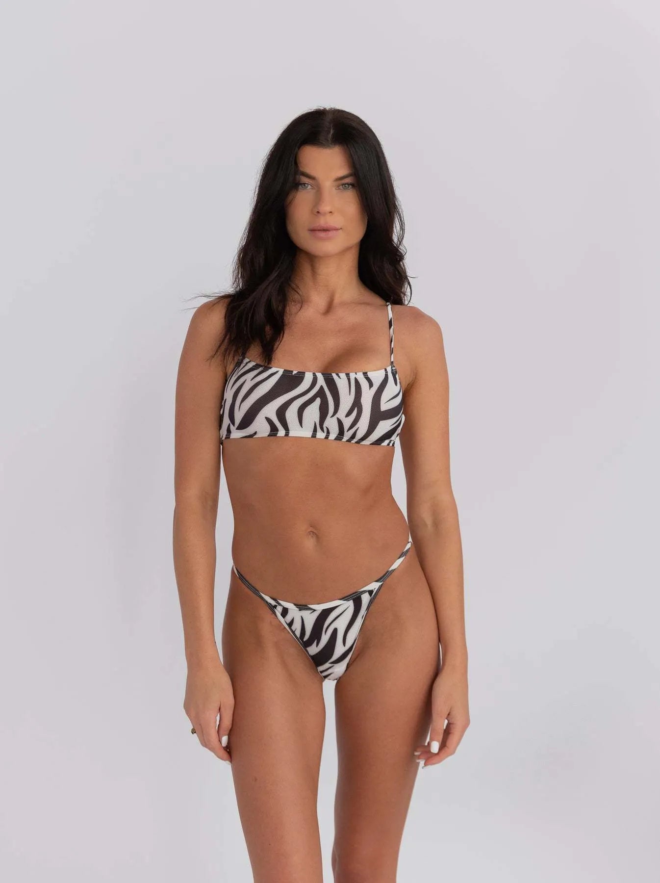 Women's striped banded bikini swimsuit set with adjustable chest wrap in polyester fabric