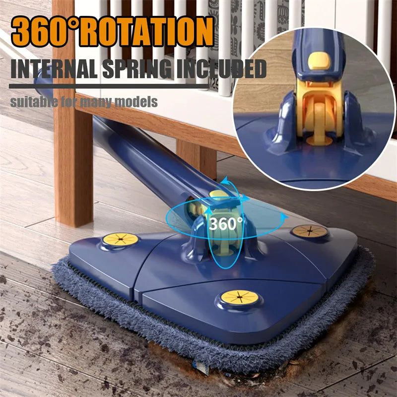 Extendable blue triangle mop with 360 rotating head and automatic water squeezing mechanism