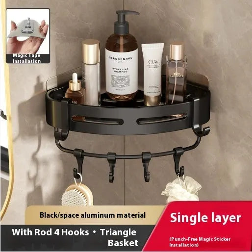 Gun grey corner-mounted bathroom rack with triangle basket design and punch-free wall mounting