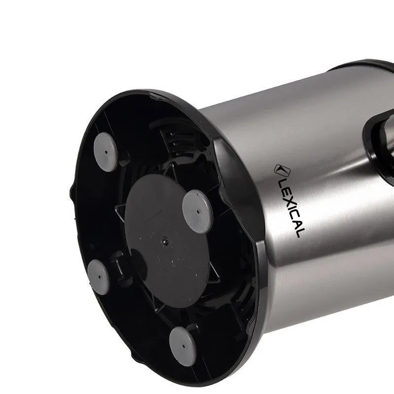 Stainless steel citrus juicer with round feeding port and vertical screw rod mechanism.