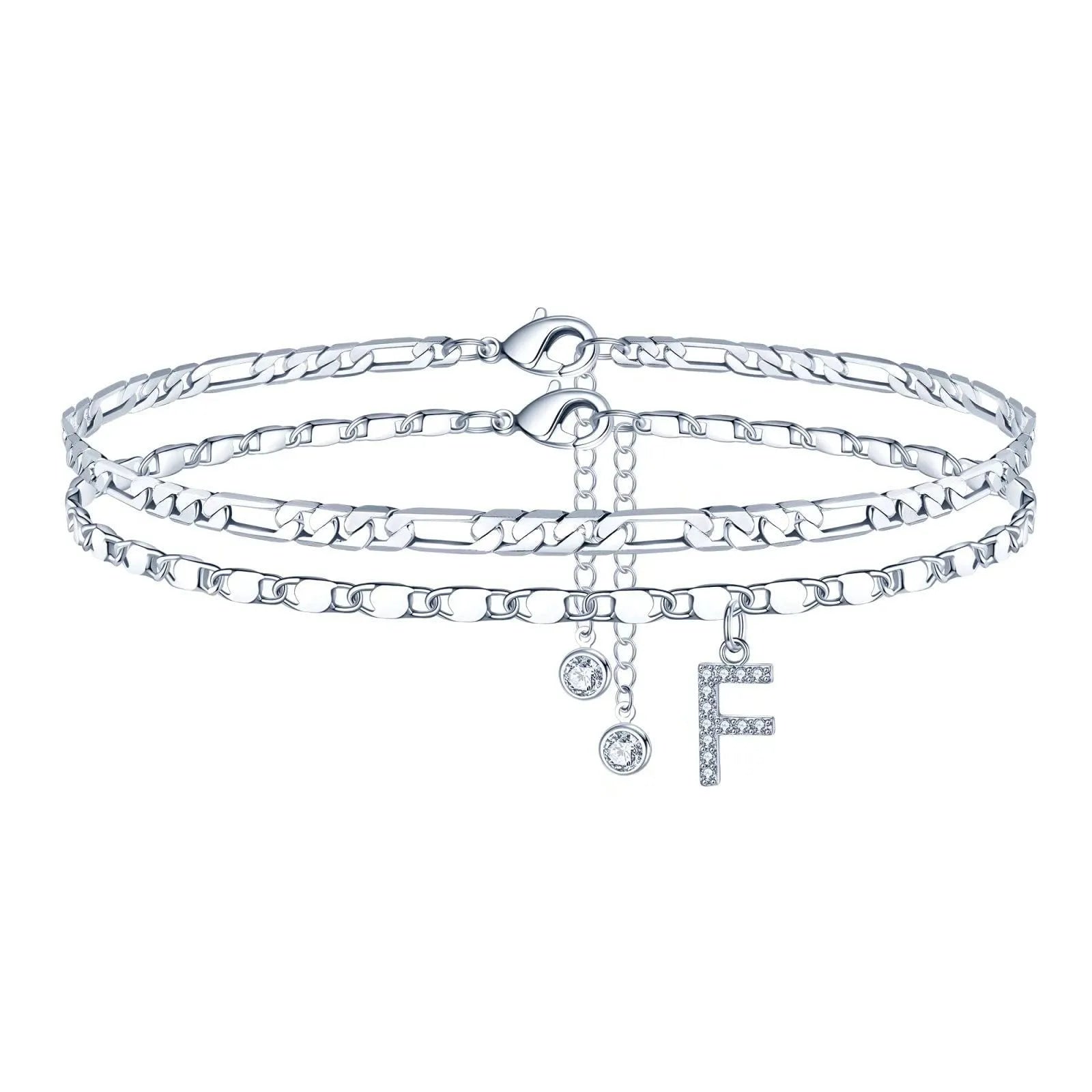 Silver colour copper anklet with double-circle design and text bead elements on ankle