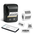 Black Bluetooth thermal label printer with 40x30mm label roll and Type-C cable