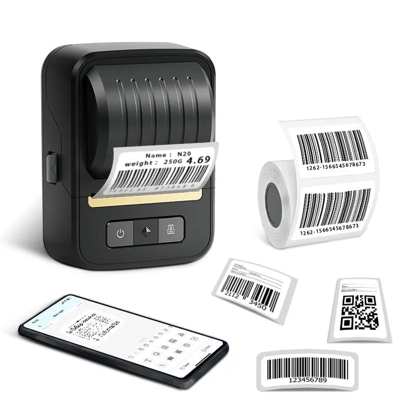 Black Bluetooth thermal label printer with 40x30mm label roll and Type-C cable