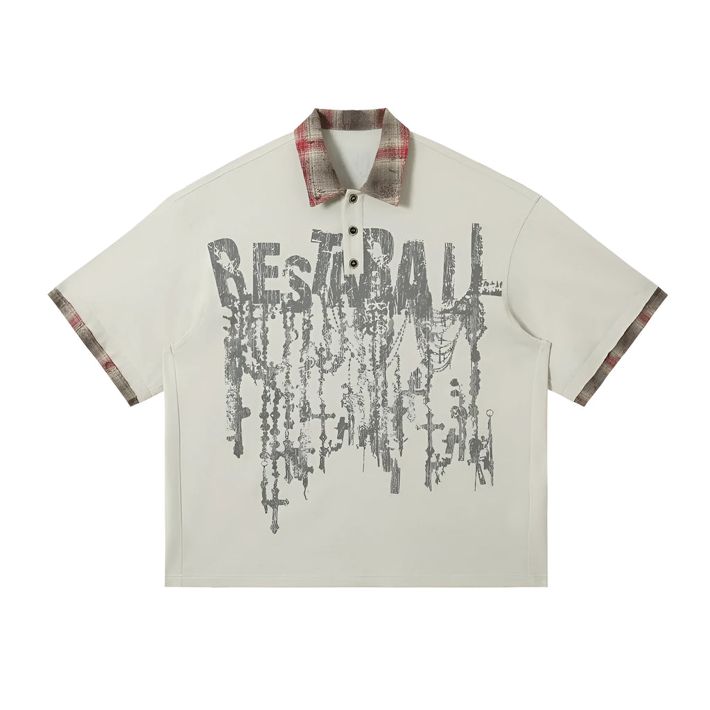 Men's loose blue cotton top with graffiti print and asymmetrical street style design.