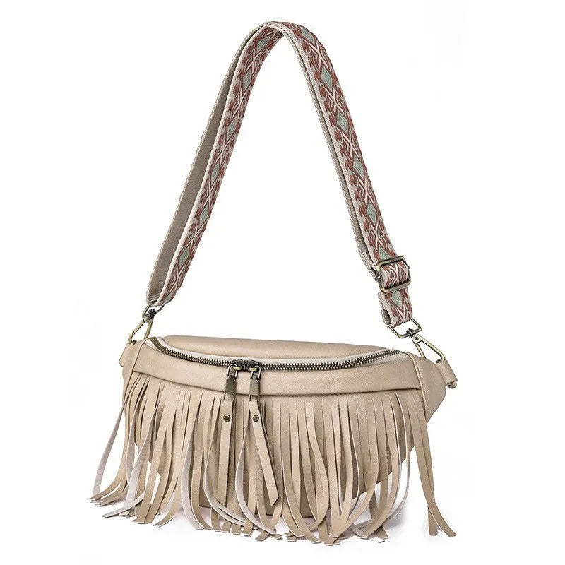Retro messenger chest bag with tassel details and pleated design in soft PU material