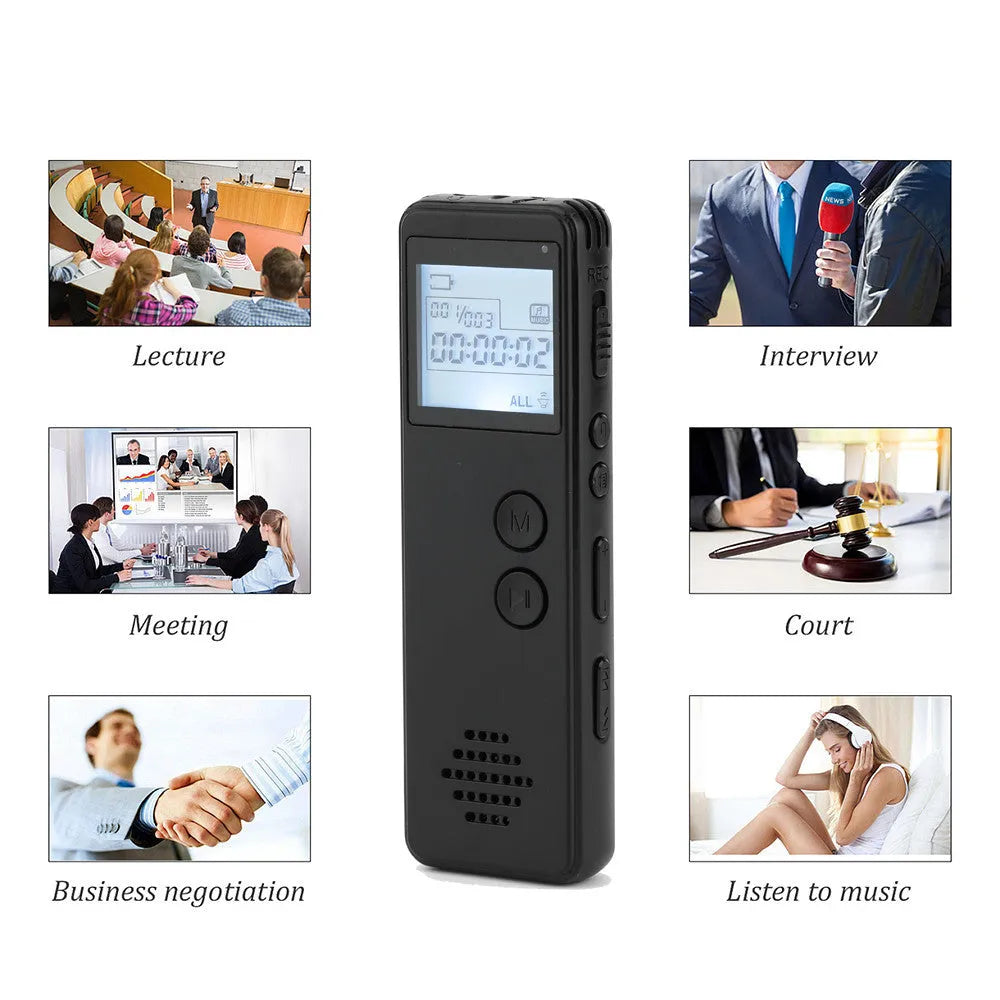 Black matte-finish digital voice recorder with screen, showing one-key recording button and 3.5mm jack.