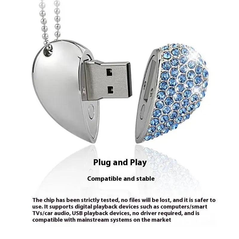 Creative heart-shaped USB flash drive with brick-inlaid pattern and metal shell in various colours.
