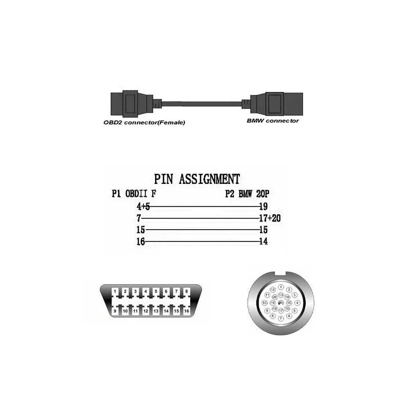 OBD2 adapter cable with BMW 20-pin connector and standard 16-pin OBD2 connector for vehicle diagnostics.