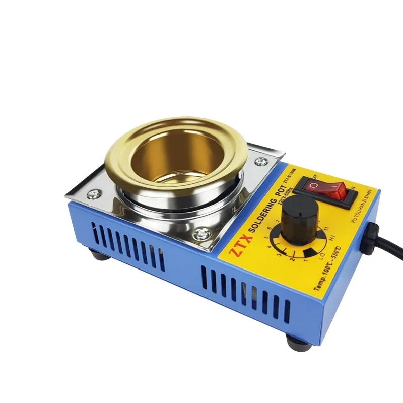 A desktop thermostat-controlled tin melting furnace with adjustable temperature dial.