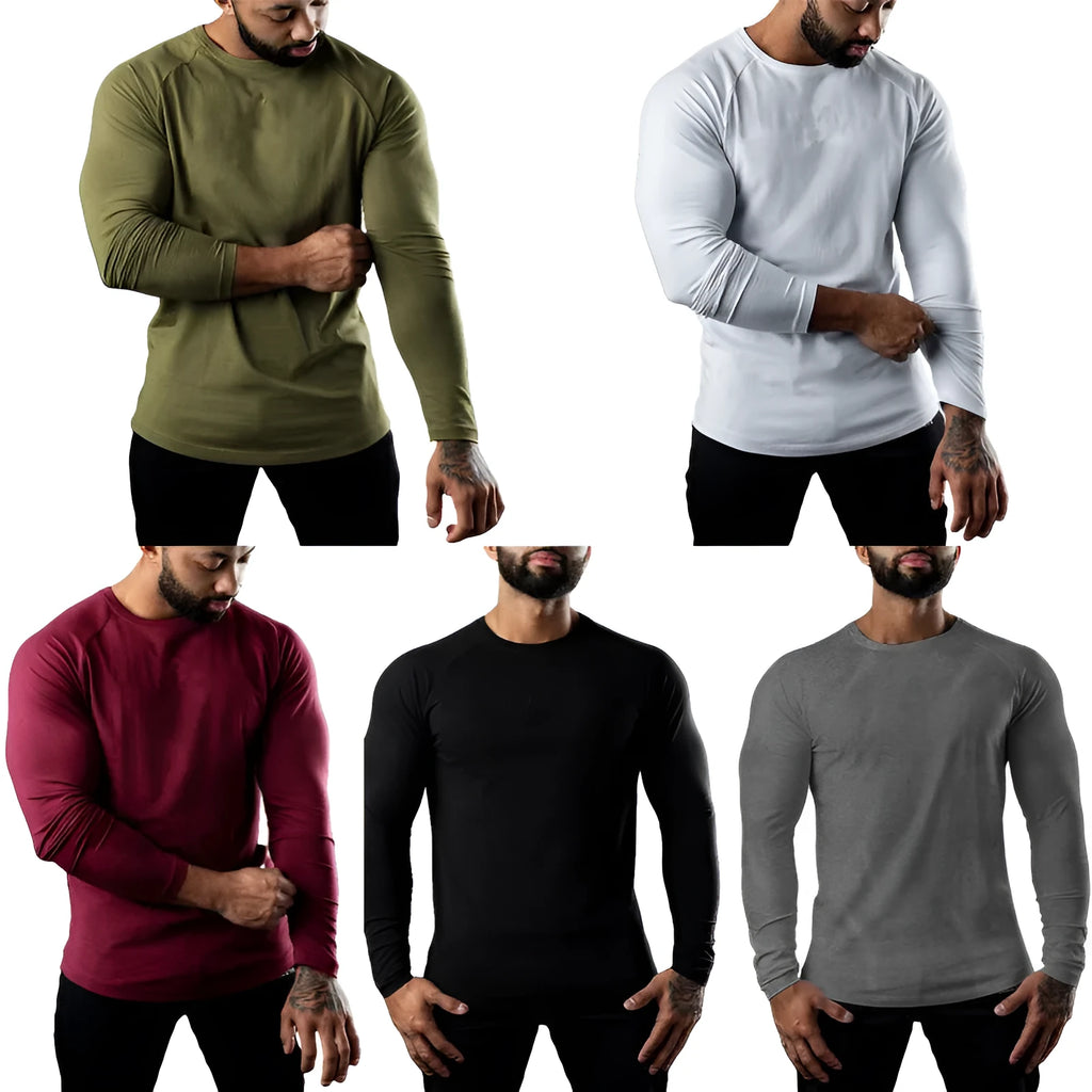 Men's long sleeve cotton sports t-shirt in army green colour, shown with a round neck and tight fit.