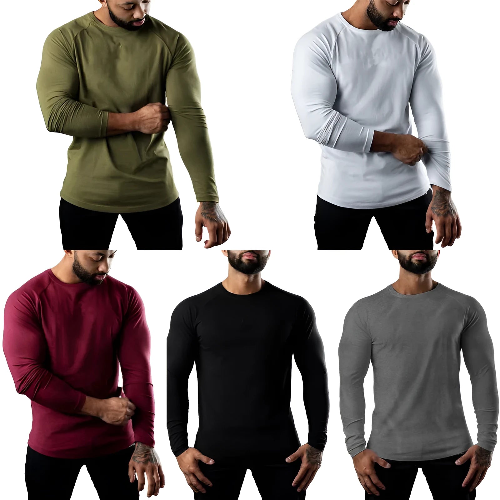 Men's long sleeve cotton sports t-shirt in army green colour, shown with a round neck and tight fit.