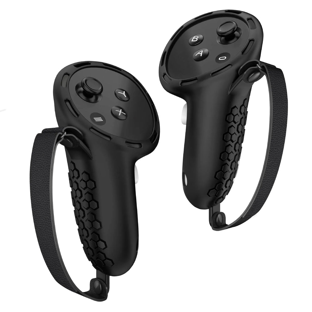Silicone protective sleeve with wrist strap for Meta Quest 3 VR controller in various colours.