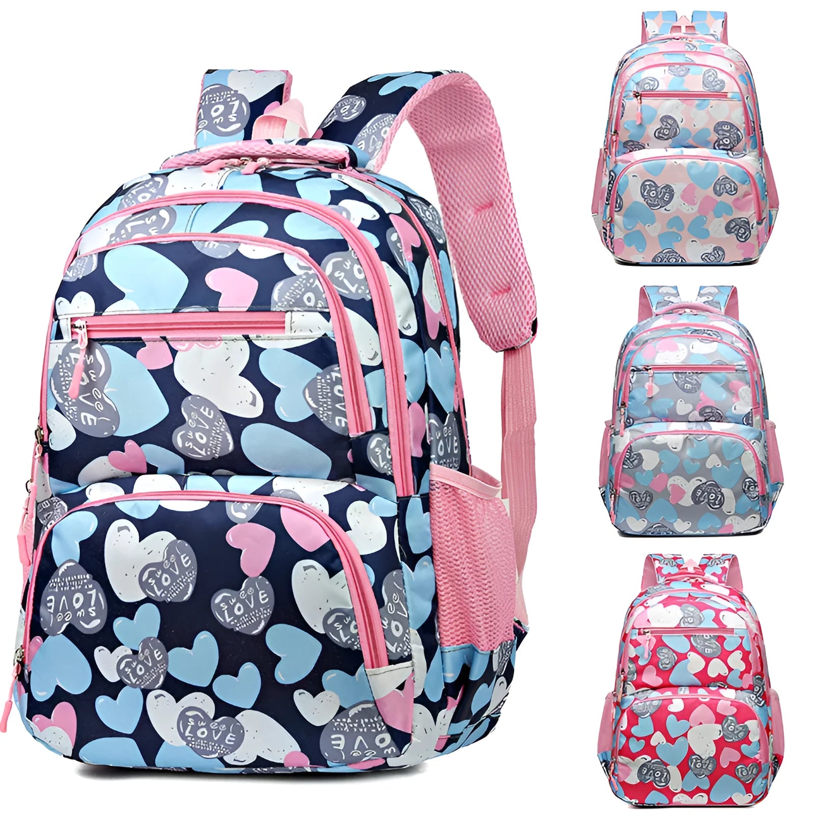 Blue student backpack with air pillow shoulder straps and large main compartment.