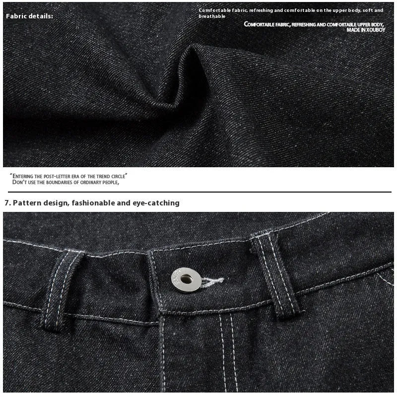 Black pleated workwear jeans with multiple pockets and mid waist design