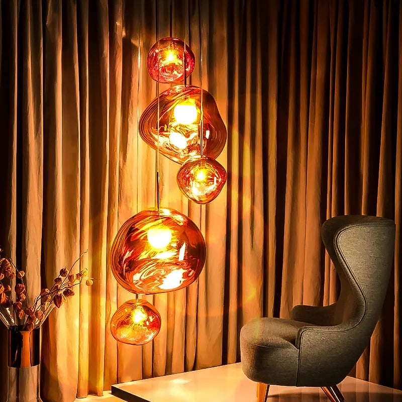 Nordic style irregular shaped glass lava lamp chandelier in a metallic finish