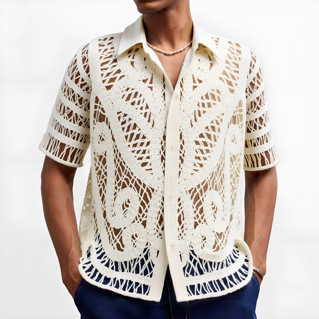 Men's hollow crochet cardigan polo shirt in apricot acrylic knit with flocking detail short sleeves regular fit