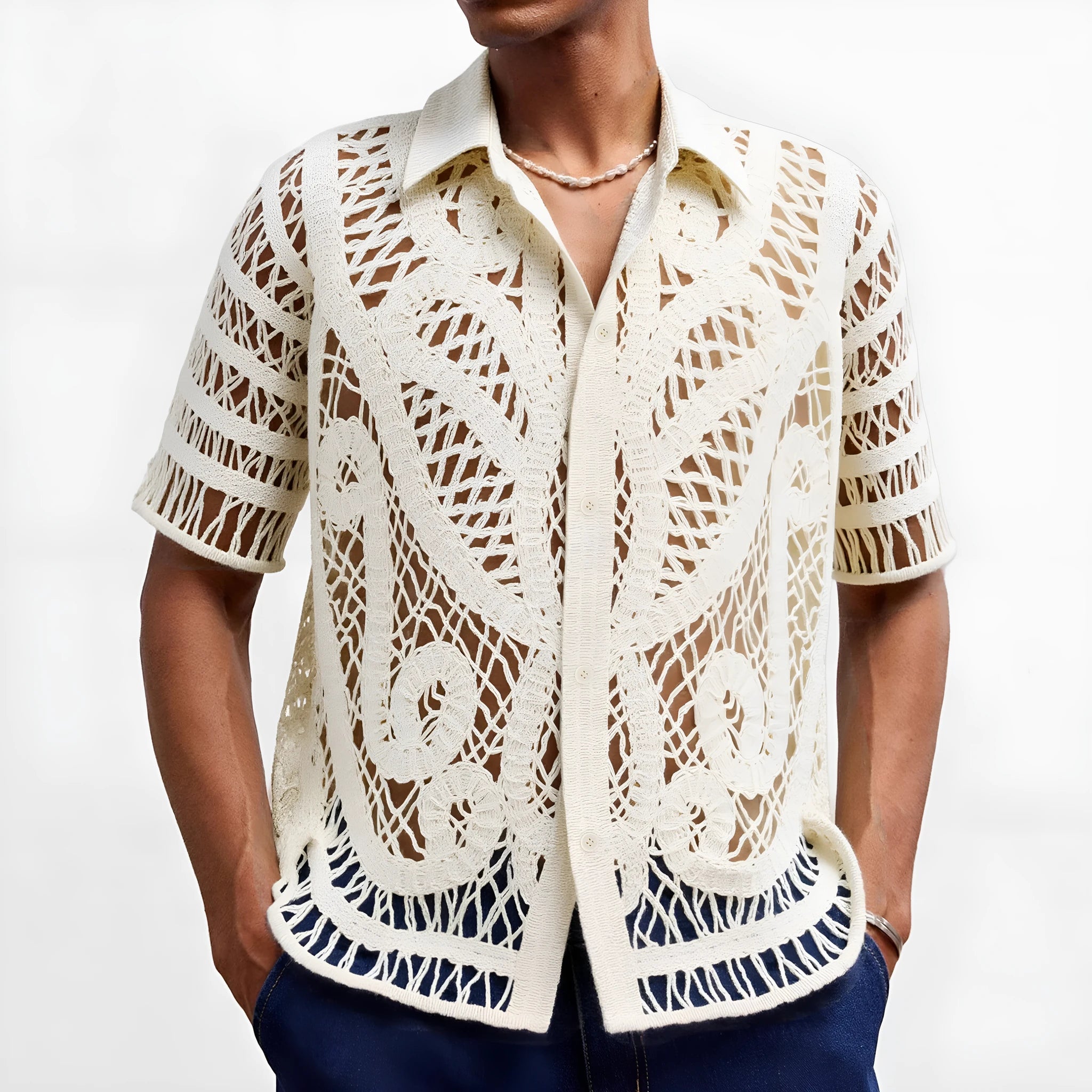 Men's hollow crochet cardigan polo shirt in apricot acrylic knit with flocking detail short sleeves regular fit