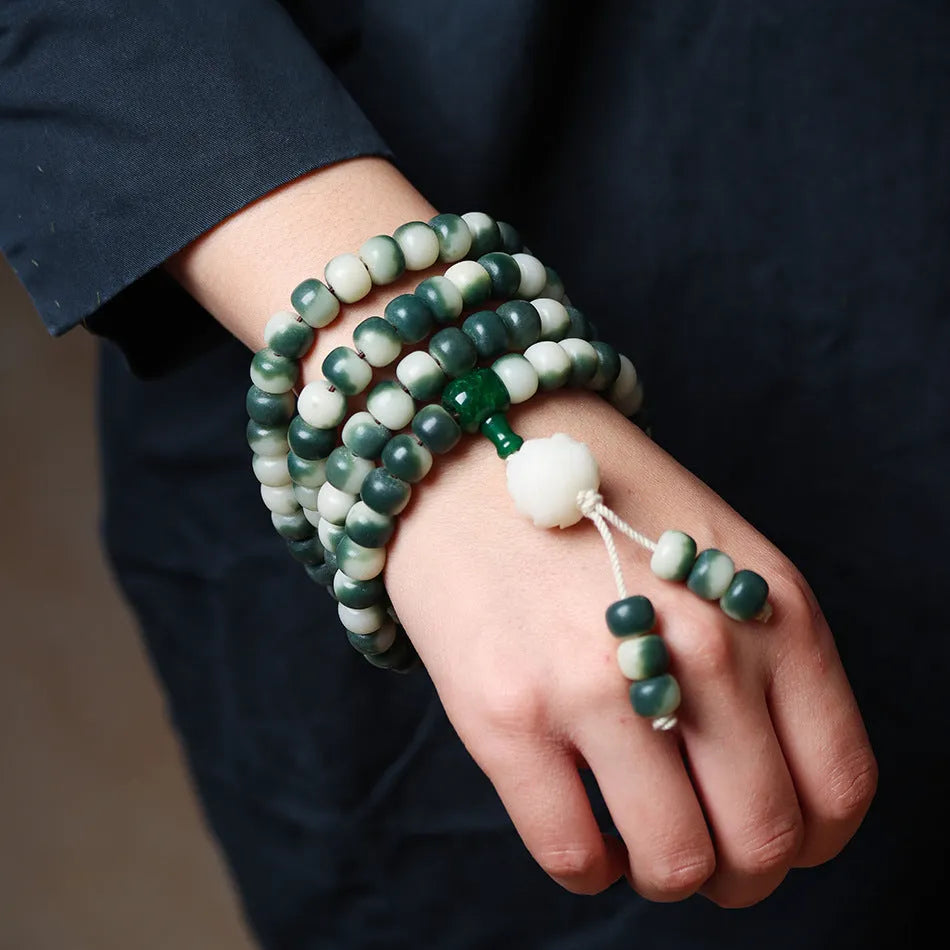 Lotus white jade bodhi root bracelet with floating flowers landscape pattern on 8 × 10mm beads