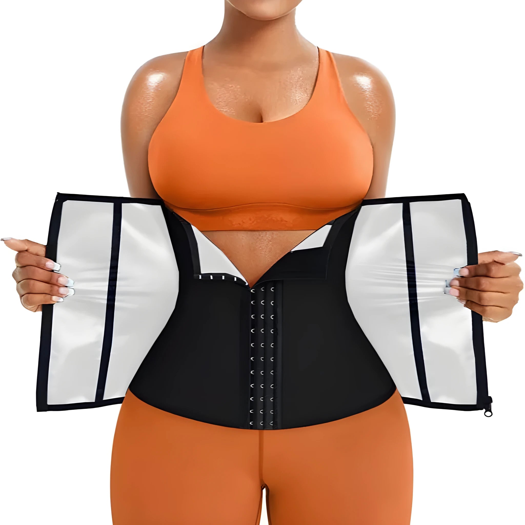 Adjustable neoprene sports belly belt for abdominal support in blue or silver, showing sizing options.