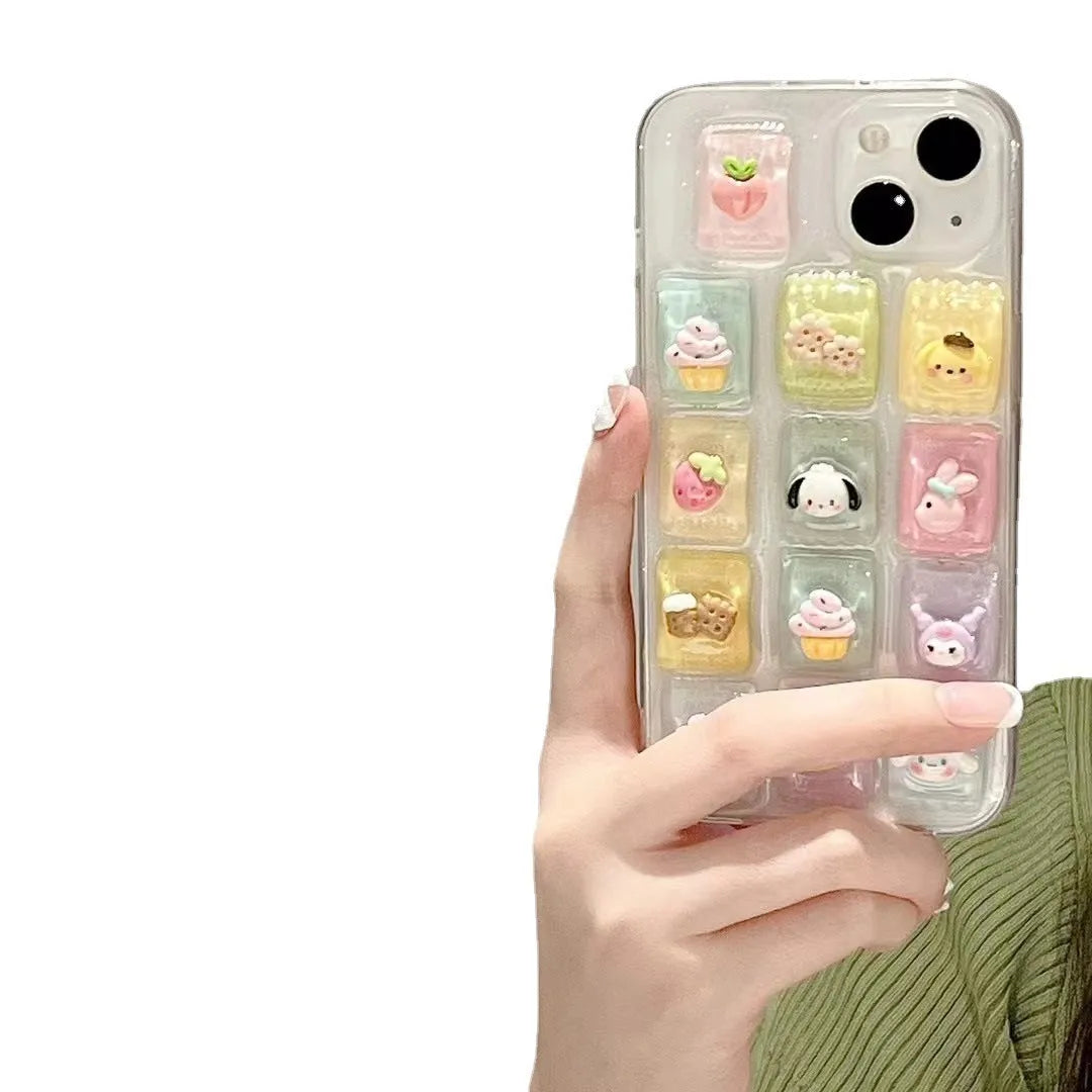 Three-dimensional candy colour TPU adhesive phone case for iPhone on a white background